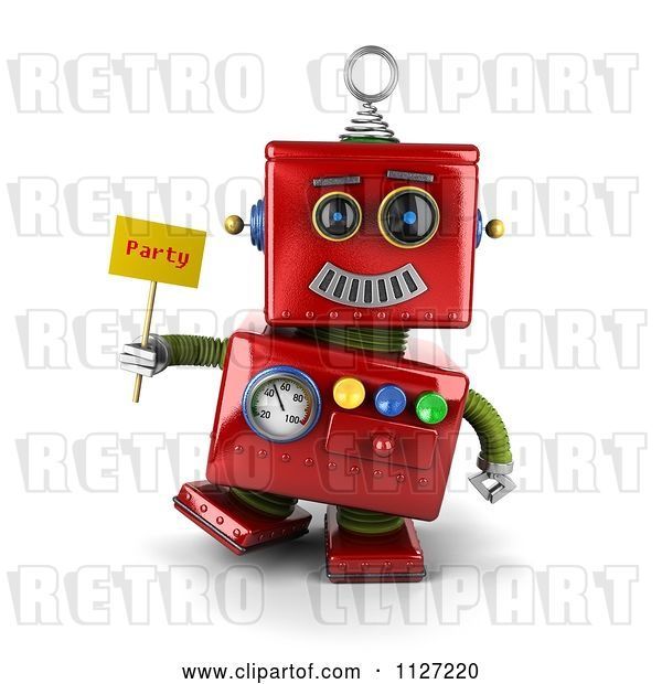 Clip Art of Retro 3d Red Metal Robot Holding a Party Sign