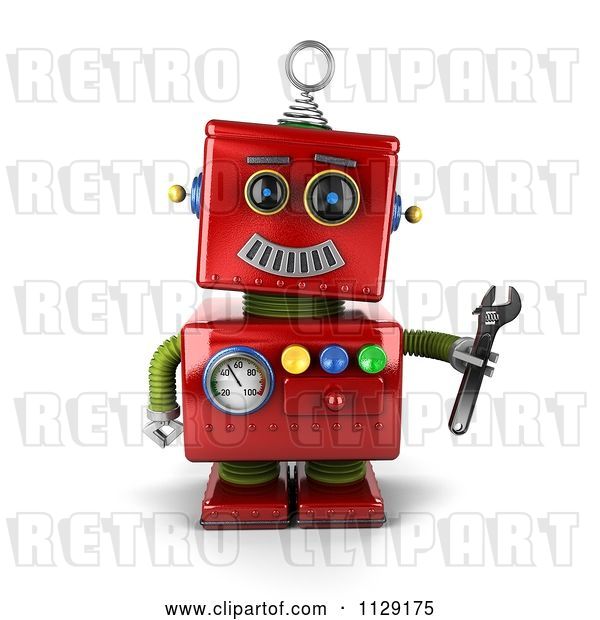 Clip Art of Retro 3d Red Repair Robot Holding a Wrench