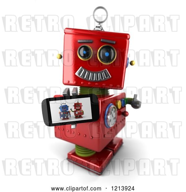 Clip Art of Retro 3d Red Robot Holding a Thumb up and a Smart Phone with a Picture on the Screen