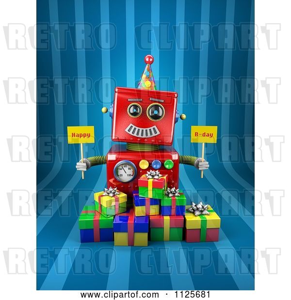 Clip Art of Retro 3d Red Robot Holding Happy Bday Signs over Gift Boxes on Blue Stripes