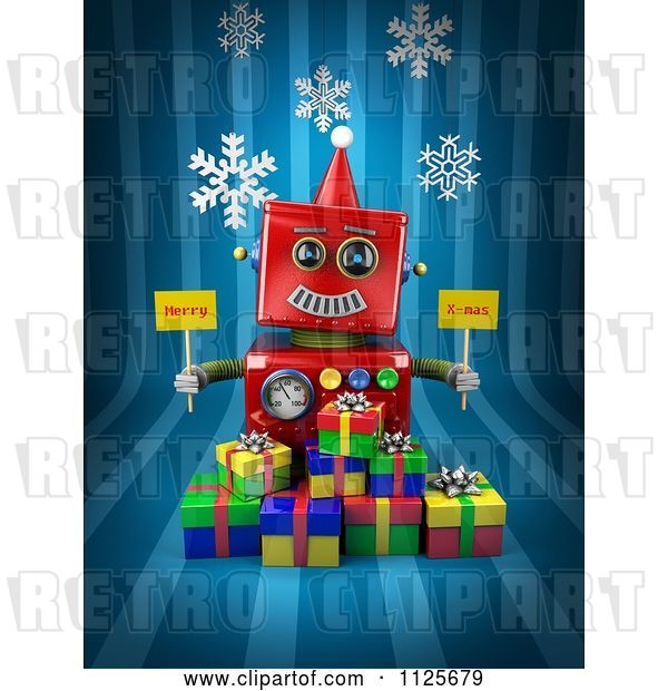Clip Art of Retro 3d Red Robot Holding Merry X Mas Signs over Gift Boxes on Blue with Snowflakes