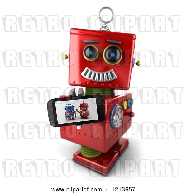 Clip Art of Retro 3d Red Robot Holding up a Smart Phone with a Picture on the Screen