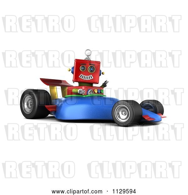 Clip Art of Retro 3d Red Robot Waving and Driving a Race Car