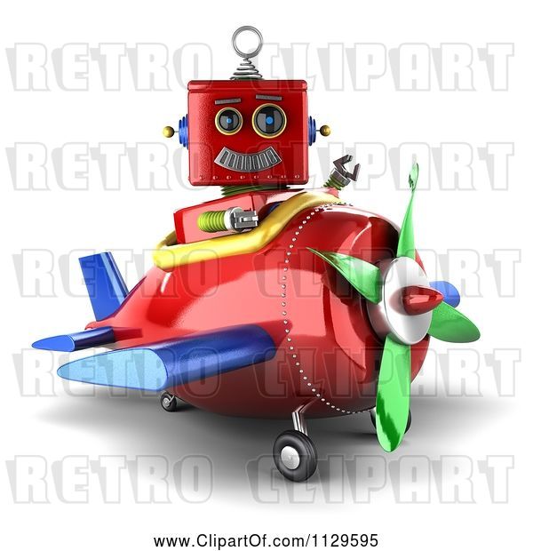 Clip Art of Retro 3d Red Robot Waving and Sitting in a Plane