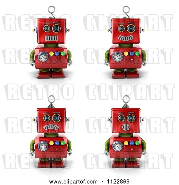 Clip Art of Retro 3d Red Robot with Different Emotional Expressions