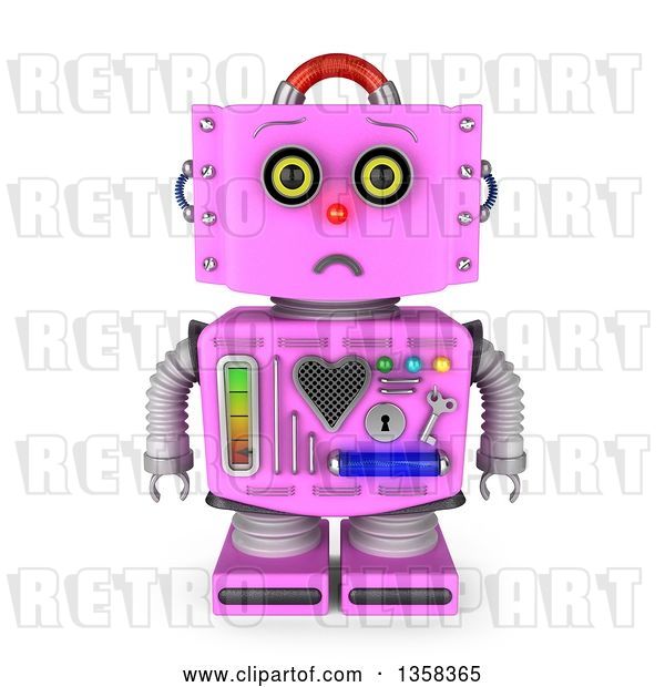 Clip Art of Retro 3d Sad Pink Female Robot Pouting, on a White Background