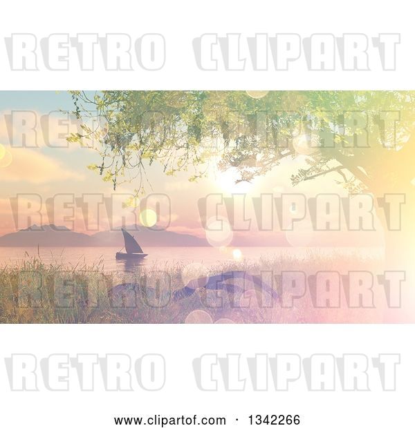 Clip Art of Retro 3d Sailboat at Sunset on a Lake or River with Flare Effect