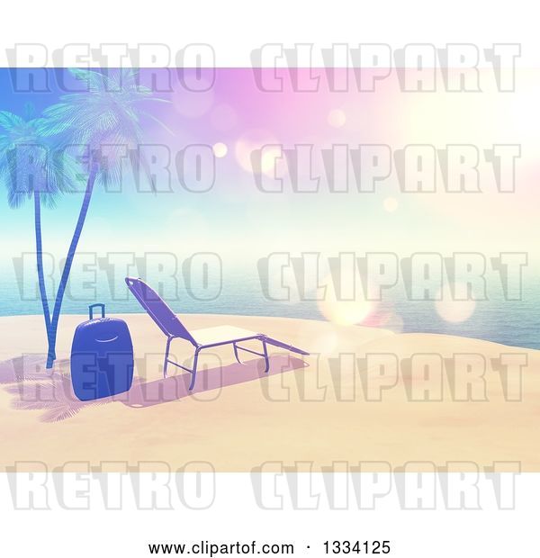 Clip Art of Retro 3d Style Tropical Island Beach with White Sand, a Sun Lounger Chair, Luggage, Palm Trees and Sky Flares