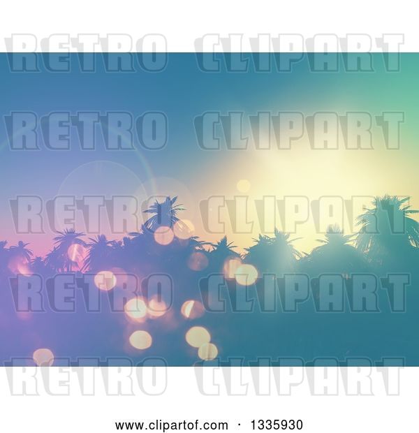 Clip Art of Retro 3d Sunset and Flares over Silhouetetd Tropical Palm Trees