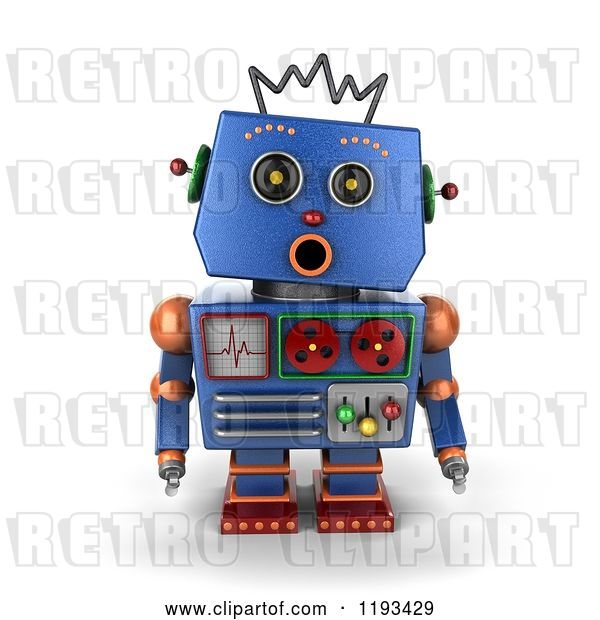 Clip Art of Retro 3d Surprised Blue Robot with an Open Mouth