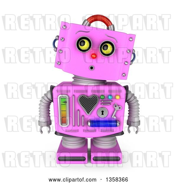Clip Art of Retro 3d Surprised Pink Female Robot Looking up to the Left, on a White Background
