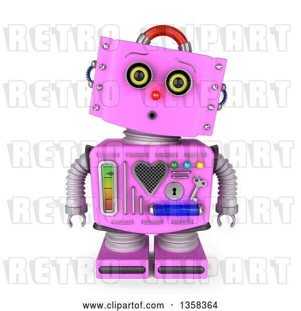 Clip Art of Retro 3d Surprised Pink Female Robot, on a White Background