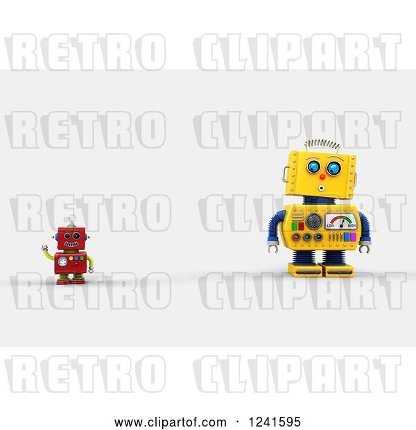 Clip Art of Retro 3d Surprised Yellow Robot Looking at a Smaller Waving Red One