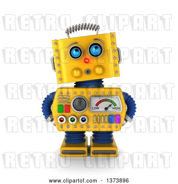 Clip Art of Retro 3d Surprised Yellow Robot Looking Innocent, on a White Background