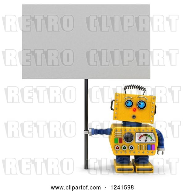 Clip Art of Retro 3d Surprised Yellow Robot Looking up and Holding a Sign