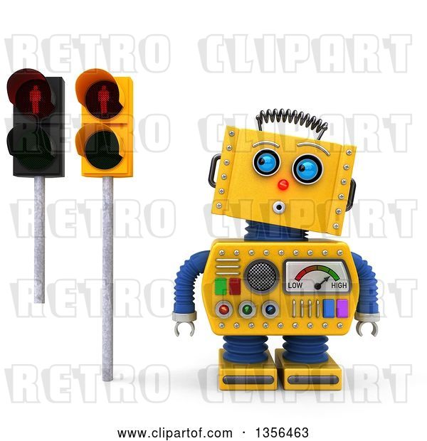 Clip Art of Retro 3d Surprised Yellow Robot Looking up at Red Pedestrian Traffic Lights, on a White Background