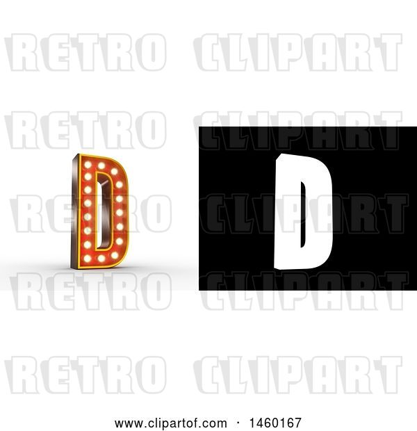 Clip Art of Retro 3D Theater Styled Letter D Design with Light Bulbs Illuminating It