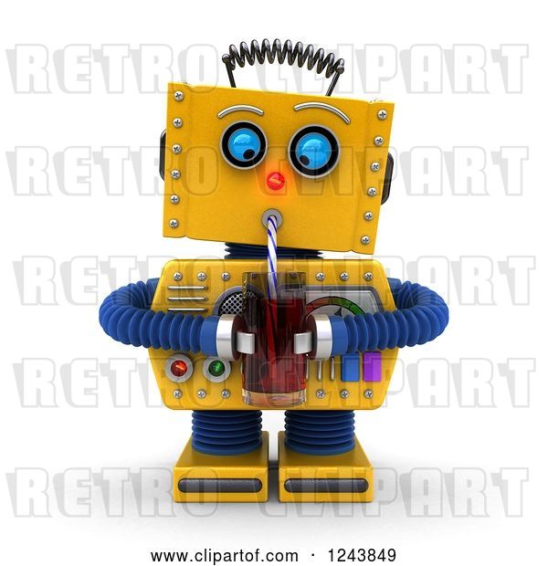 Clip Art of Retro 3d Thirsty Yellow Robot Drinking with a Straw