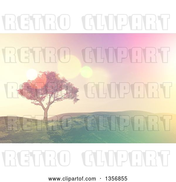 Clip Art of Retro 3d Tree on a Grassy Hill, with Flares