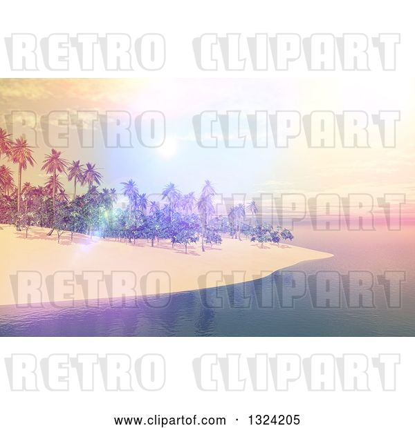 Clip Art of Retro 3d Tropical Island with a Pastel and Bright Sunset