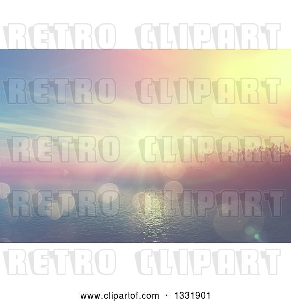 Clip Art of Retro 3d Tropical Island with Palm Trees and Fog at Sunset, with Flares