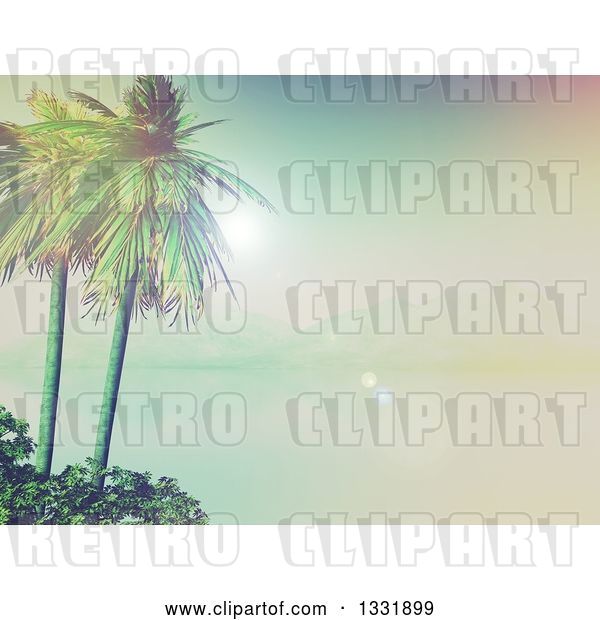 Clip Art of Retro 3d Tropical Island with Palm Trees and Shrubs, a Still Foggy Bay and Mountains
