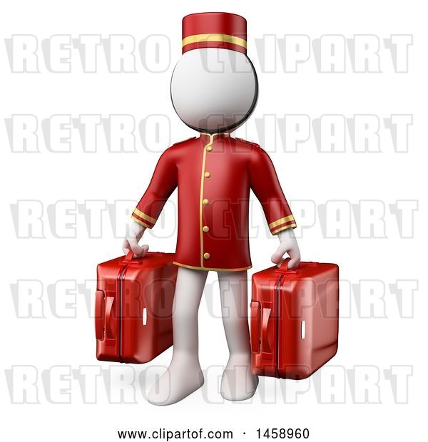 Clip Art of Retro 3d White Guy Bellhop Holding Suitcases, on a White Background