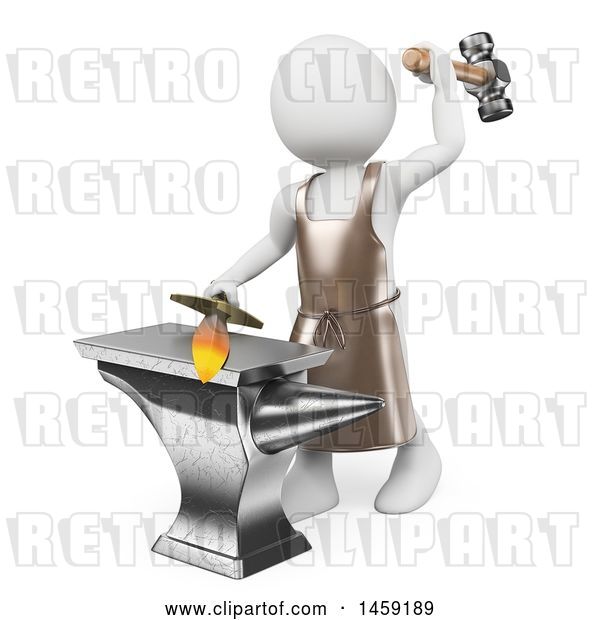 Clip Art of Retro 3d White Guy Blacksmith Forging a Sword, on a White Background