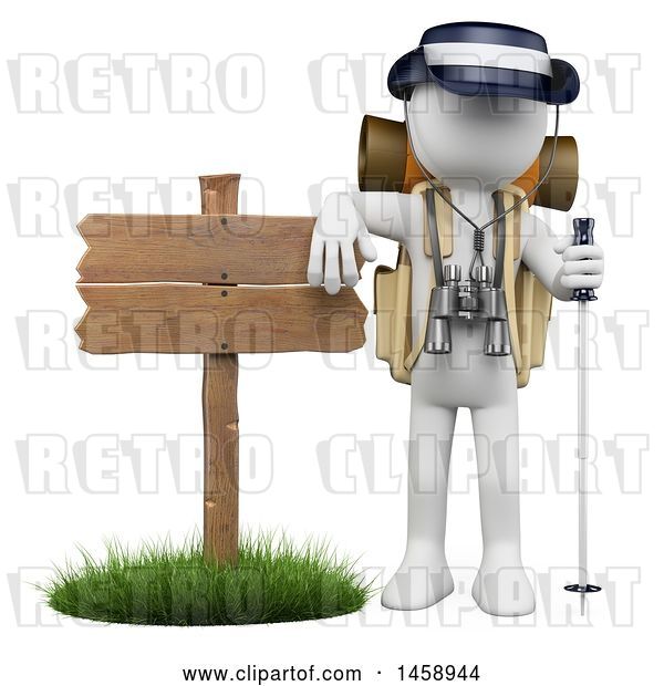 Clip Art of Retro 3d White Guy Hiker by a Sign, on a White Background