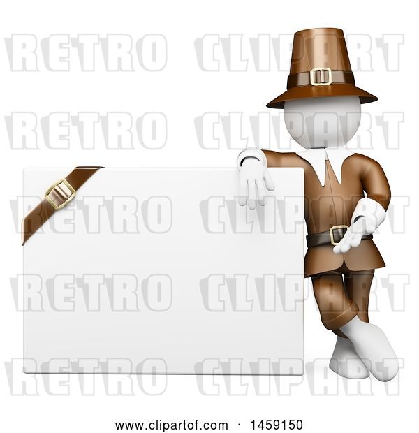 Clip Art of Retro 3d White Guy Thanksgiving Pilgrim with a Blank Sign, on a White Background