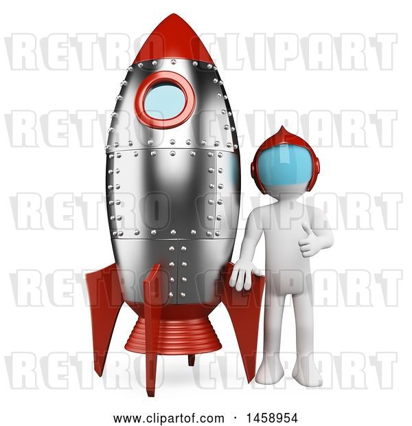 Clip Art of Retro 3d White Guy with a Rocket, on a White Background