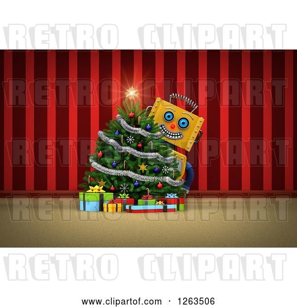 Clip Art of Retro 3d Yellow Robot Smiling Around a Christmas Tree, over Red Curtains