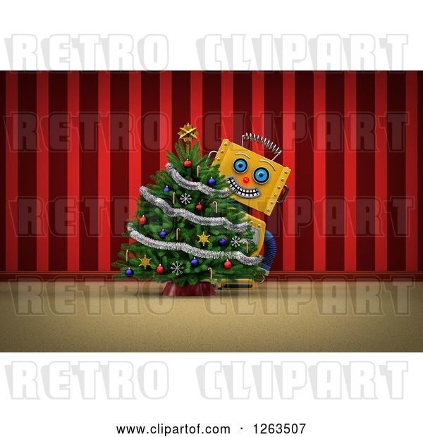 Clip Art of Retro 3d Yellow Robot Smiling Around a Christmas Tree, over Red Curtains