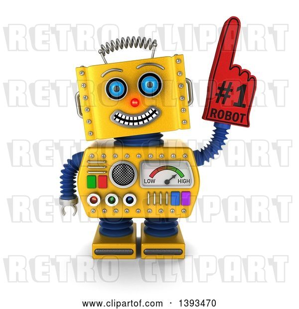Clip Art of Retro 3d Yellow Robot Wearing a Number One Foam Finger, on a White Background