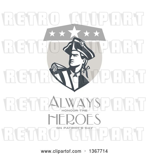 Clip Art of Retro American Patriot Minuteman Revolutionary Soldier Crest with Always Honour the Heroes on Patriot's Day Text on White