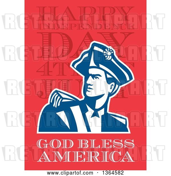 Clip Art of Retro American Revolutionary Patriot Soldier over Happy Independence Day, 4th of July, God Bless America Text on Red