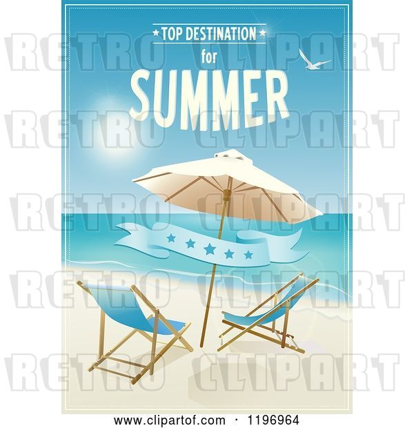 Clip Art of Retro Beach Poster with Furniture a Banner and Sample Text