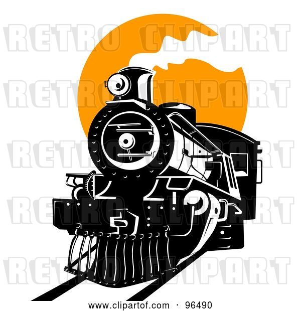 Clip Art of Retro Black Steam Train Moving Forward Against an Orange Sun