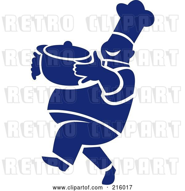 Clip Art of Retro Blue and White Chef Carrying a Pot
