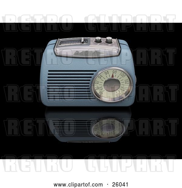 Clip Art of Retro Blue Radio with a Station Tuner, on a Reflective Black Surface