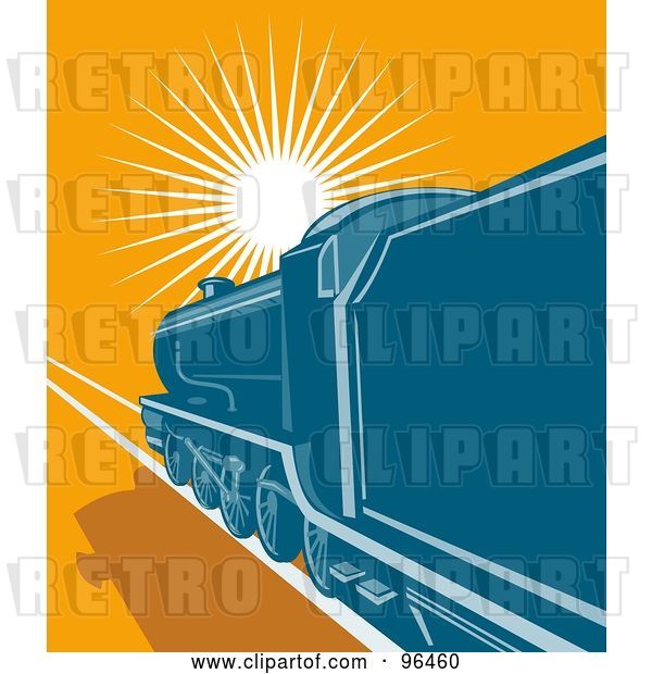 Clip Art of Retro Blue Steam Engine Traveling Towards the Sunset