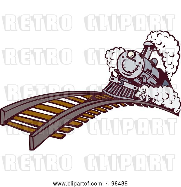 Clip Art of Retro Blue Steam Train Proceeding over a Hill