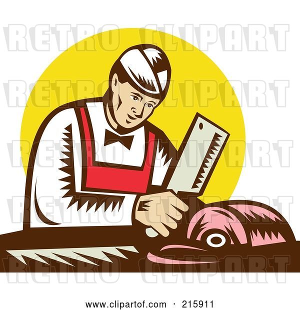Clip Art of Retro Butcher Chopping Meat