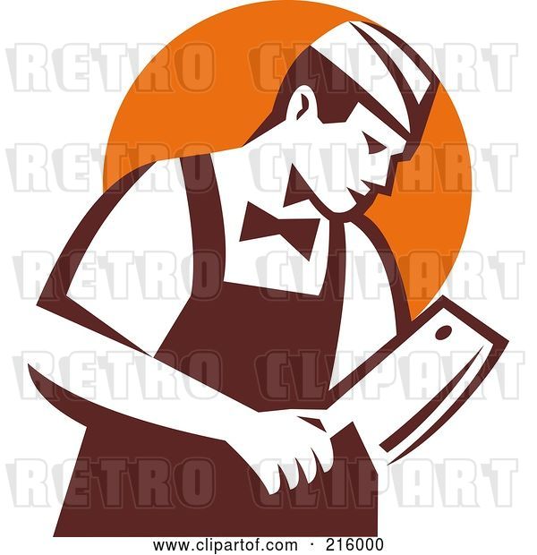 Clip Art of Retro Butcher Holding a Cleaver Knife