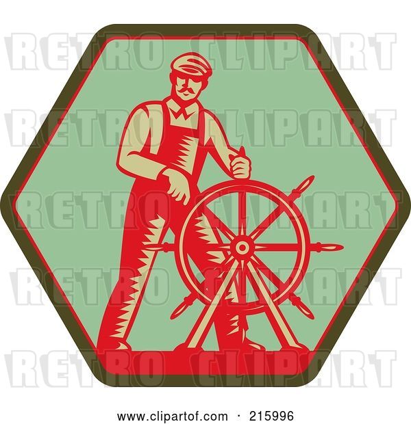 Clip Art of Retro Captain Steering a Helm on a Green Sign