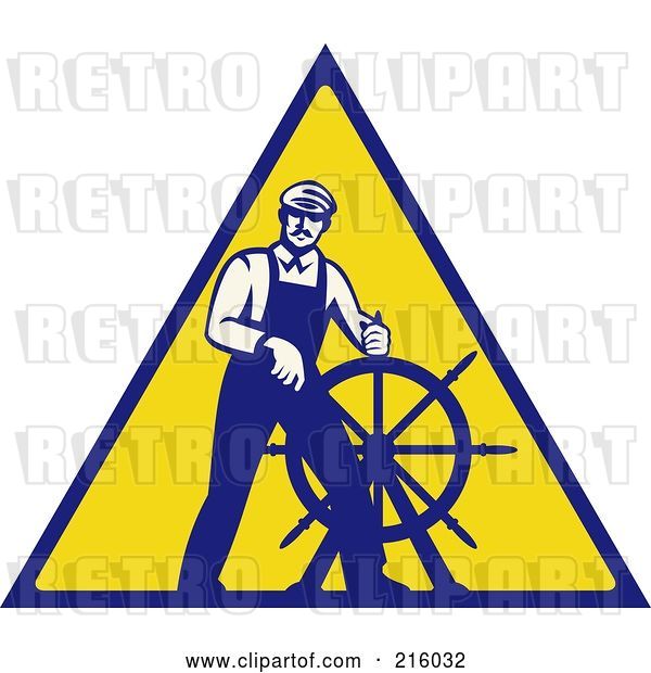 Clip Art of Retro Captain Steering a Helm on a Yellow Sign