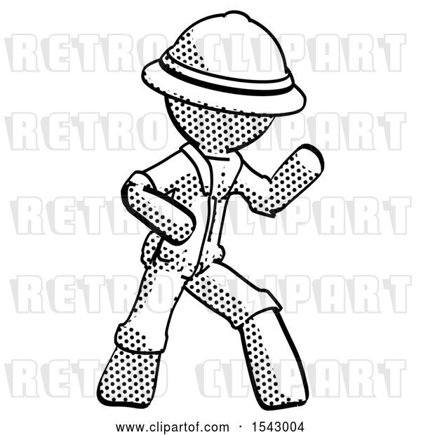 Clip Art of Retro Cartoon Halftone Explorer Ranger Guy Martial Arts Defense Pose Right