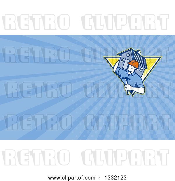 Clip Art of Retro Cartoon Male Home Builder Carrying a House and Hammer in a Shield and Blue Rays Background or Business Card Design