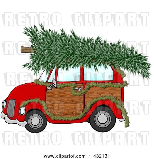 Clip Art of Retro Cartoon Red Woody Car Decorated with a Garland and a Christmas Tree on the Roof