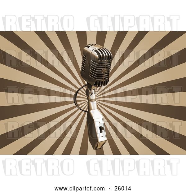 Clip Art of Retro Chrome Microphone over a Bursting Brown and Tan Background
